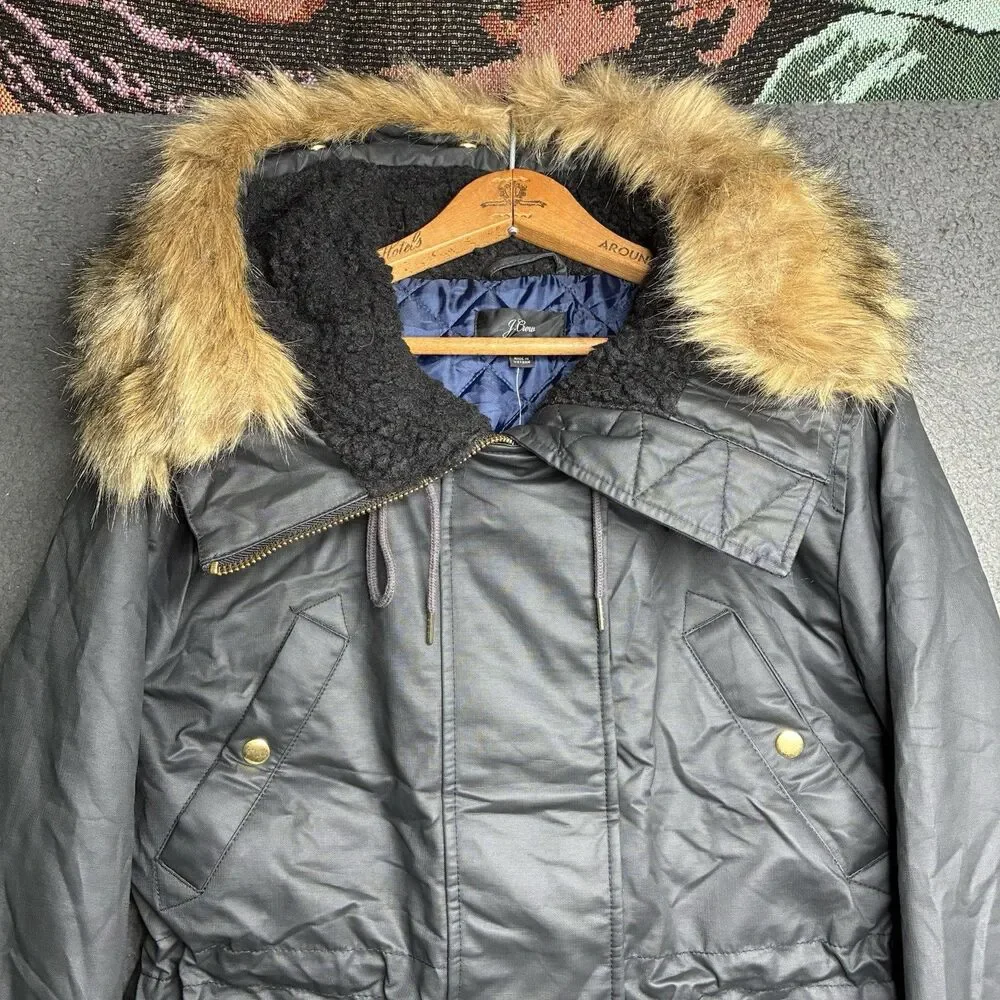 J.Crew Perfect Winter Parka Eco Friendly Primaloft Women Small Black Fur Hood